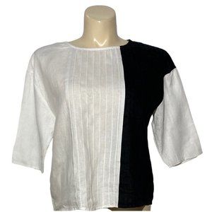 Peck&Peck L Top Boxy Fit‎ 100% Linen White Black Colorblock Pleated Career Cute
